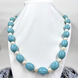 Teal Oval Glass Bead and Faux Pearl 22” Necklace
